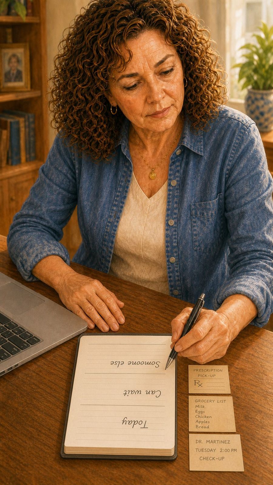 A woman sorting her notebook into Today, Can wait, and Someone else