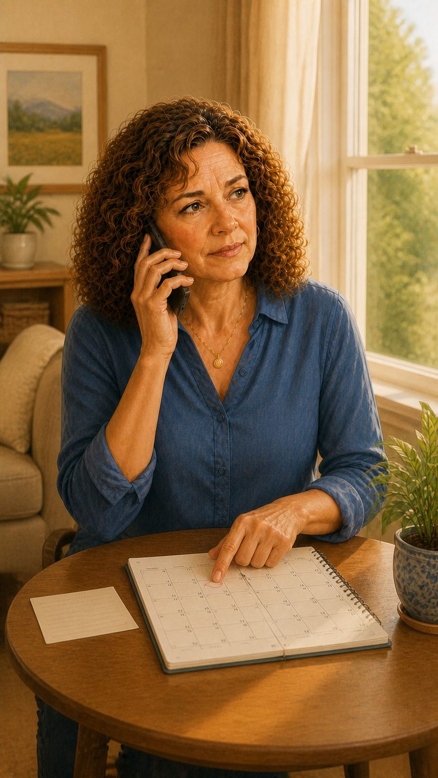 A woman on the phone at her kitchen table, pointing to a date on her calendar